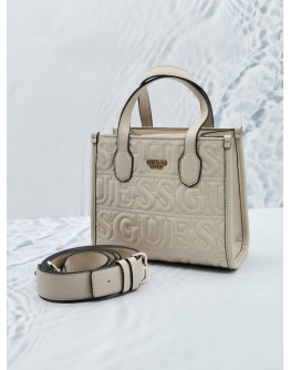 GUESS SILVANA MINI TOTE BAG IN WHITE LEATHER WITH STRAP