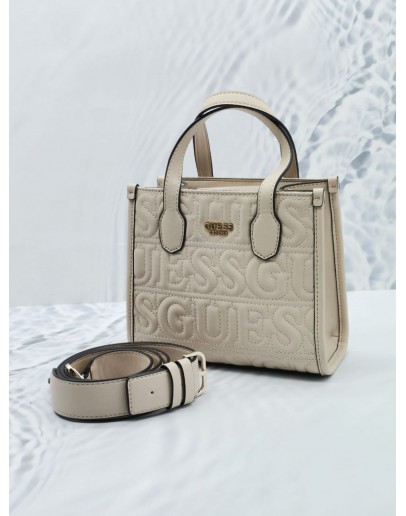 GUESS SILVANA MINI TOTE BAG IN WHITE LEATHER WITH STRAP