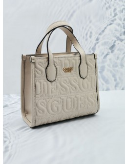 GUESS SILVANA MINI TOTE BAG IN WHITE LEATHER WITH STRAP