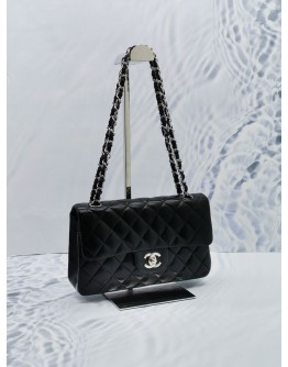 CHANEL CLASSIC SMALL DOUBLE FLAP CHAIN SHOULDER BAG IN BLACK LAMBSKIN LEATHER SILVER CHAIN 