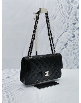 CHANEL CLASSIC SMALL DOUBLE FLAP CHAIN SHOULDER BAG IN BLACK LAMBSKIN LEATHER SILVER CHAIN 