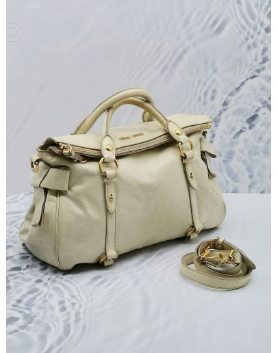 MIU MIU CREAM SMOOTHLY CALFSKIN LEATHER BOW BAG WITH LEATHER STRAP