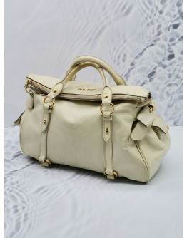 MIU MIU CREAM SMOOTHLY CALFSKIN LEATHER BOW BAG WITH LEATHER STRAP