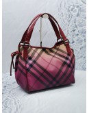 BURBERRY BURGUNDY OMBRE SUPERNOVA CHECK PVC AND RED PATENT LEATHER BILMORE TOTE GM BAG 