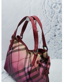 BURBERRY BURGUNDY OMBRE SUPERNOVA CHECK PVC AND RED PATENT LEATHER BILMORE TOTE GM BAG 