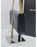 YSL SAINT LAURENT MEDIUM KATE BLACK CROCODILE EMBOSSED LEATHER FLAP GOLD CHAIN BAG 