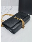 YSL SAINT LAURENT MEDIUM KATE BLACK CROCODILE EMBOSSED LEATHER FLAP GOLD CHAIN BAG 