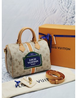 (UNUSED) 2024 MICROCHIP LOUIS VUITTON LIMITED EDITION M46749 SPEEDY BANDOULIERE 25 MONOPANAME COATED CANVAS -FULL SET-