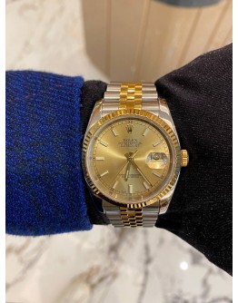 (LIKE NEW) ROLEX DATEJUST REF 116233 HALF 18K 750 YELLOW GOLD CHAMPAGNE GOLD DIAL 36MM AUTOMATIC WATCH 