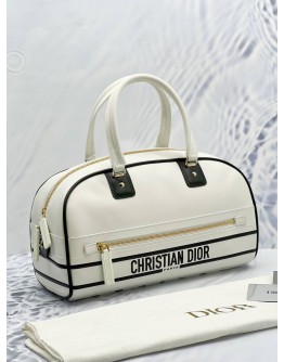 (BRAND NEW) 2023 CHRISTIAN DIOR MEDIUM DIOR VIBE BOWLING HANDLE BAG IN WHITE CALFSKIN LEATHER WITH BLACK STRAP   