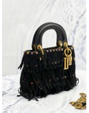 (RAYA SALE) CHRISTIAN DIOR MINI LADY DIOR LIMITED AND SPECIAL EDITION BLACK LEATHER FRINGE WITH PATTERN STUDS BAG WITH CHAIN STRAP