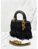 (RAYA SALE) CHRISTIAN DIOR MINI LADY DIOR LIMITED AND SPECIAL EDITION BLACK LEATHER FRINGE WITH PATTERN STUDS BAG WITH CHAIN STRAP
