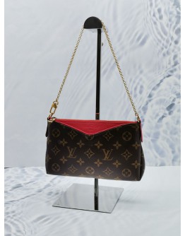 (RAYA SALE) LOUIS VUITTON PALLAS CHAIN SHOULDER BAG IN BROWN MONOGRAM CANVAS / RED LEATHER WITH LEATHER STRAP