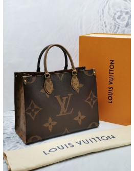 (UNUSED) 2022 MICROCHIP LOUIS VUITTON ON THE GO MM TOTE BAG IN BROWN MONOGRAM REVERSE CANVAS WITH LEATHER TRIM -FULL SET-