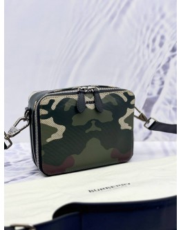 (RAYA SALE) BURBERRY SUTTON CROSSBDODY BAG IN GREEN CAMOUFLAGE CANVAS AND BLACK CALFSKIN LEATHER