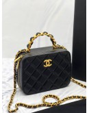 (RAYA SALE) 2022 MIRCOCHIP CHANEL BLACK QUILTED LAMBSKIN LEATHER CC CHAIN VANITY TOP HANDLE BAG -FULL SET-