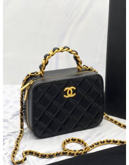 (RAYA SALE) 2022 MIRCOCHIP CHANEL BLACK QUILTED LAMBSKIN LEATHER CC CHAIN VANITY TOP HANDLE BAG -FULL SET-