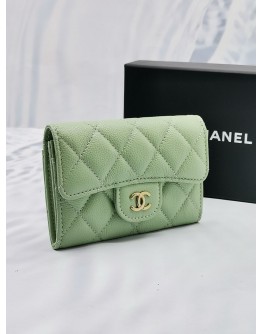 (BRAND NEW) 2024 CHANEL SMALL FLAP WALLET IN MINT GREEN GRAINED CALFSKIN LEATHER & GOLD TONED HARDWARE -FULL SET-