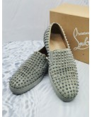 (RAYA SALE) CHRISTIAN LOUBOUTIN ROLLER BOAT STUDS IN GREY SUEDE LEATHER SLIP-ON SANDAL SIZE 44 1/2 -FULL SET-