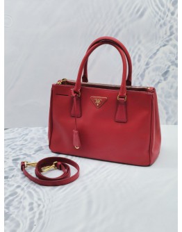 (RAYA SALE) PRADA GALLERIA MEDIUM DOUBLE ZIP TOTE HANDLE BAG IN RED SAFFIANO LEATHER WITH LEATHER STRAP 