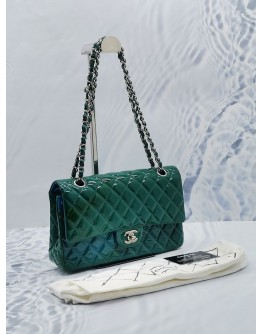 (RAYA SALE) CHANEL CLASSIC MEDIUM DOUBLE FLAP SILVER CHAIN BAG IN GREEN BLUE PATENT LEATHER