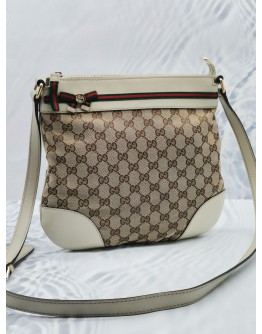 (RAYA SALE) GUCCI MAYFAIR BOW CROSSBODY BAG IN BEIGE / BROWN GG CANVAS AND WHITE LEATHER TRIM