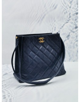 (RAYA SALE) CHANEL VINTAGE DOUBLE SIDE DARK BLUE QUILTED LAMBSKIN LEATHER TOTE SHOULDER BAG