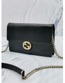 (RAYA SALE) GUCCI ICON GG INTERLOCKING WALLET ON CHAIN IN BLACK CALFSKIN LEATHER -FULL SET- 