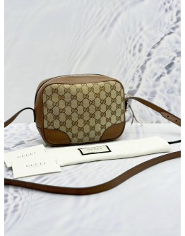 (RAYA SALE) GUCCI BREE MESSENGER CROSSBODY BAG IN BROWN LEATHER & BEIGE GG CANVAS