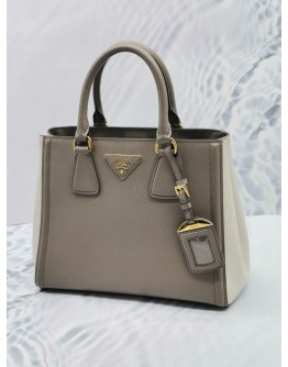 PRADA BN2608 SMALL GREY AND OFF WHITE SAFFIANO LUX LEATHER BICOLOR HANDLE BAG WITH ADJUSTABLE STRAP