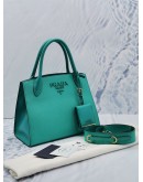 (LIKE NEW) PRADA 1BA156 SMALL MONOCHROME TOTE GREEN BLUE SAFFIANO LUX LEATHER HANDLE BAG 