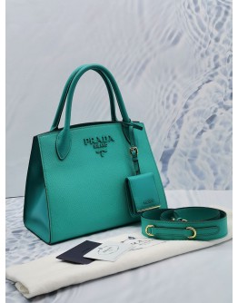 (LIKE NEW) PRADA 1BA156 SMALL MONOCHROME TOTE GREEN BLUE SAFFIANO LUX LEATHER HANDLE BAG 