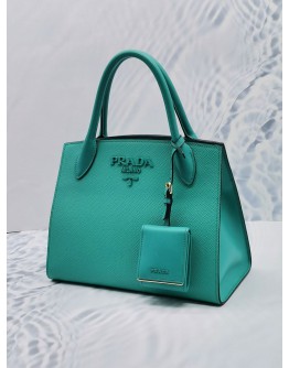 (LIKE NEW) PRADA 1BA156 SMALL MONOCHROME TOTE GREEN BLUE SAFFIANO LUX LEATHER HANDLE BAG 