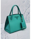 (LIKE NEW) PRADA 1BA156 SMALL MONOCHROME TOTE GREEN BLUE SAFFIANO LUX LEATHER HANDLE BAG 