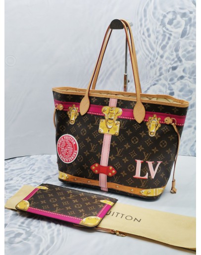 (LIKE NEW) LOUIS VUITTON NEVERFULL MM LIMITED EDITION SUMMER TRUNK PRINT IN MONOGRAM CANVAS 