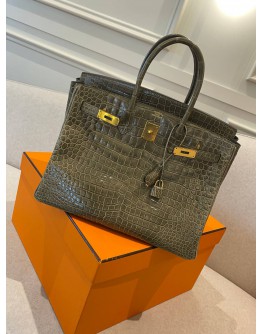 (LIKE NEW) HERMES BIRKIN 35 LIMITED EDITION SHINY GRIS TOURTERELLE POROSUS CROCODILE WITH GOLD HARDWARE YEAR 2016 -FULL SET-