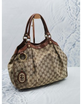 GUCCI SUKEY SHOULDER BAG IN BEIGE CANVAS / BROWN LEATHER