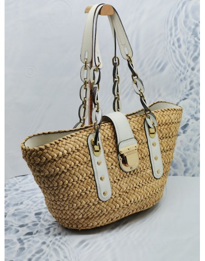 (LIKE NEW) MICHAEL KORS SANTORINI LARGE BASKET TOTE BAG WHITE LEATHER / NATURAL RATTAN / WICKER