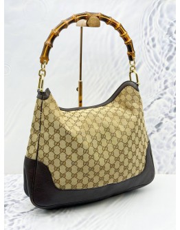 GUCCI BAMBOO HOBO SHOULDER BAG IN BEIGE GG CANVAS & DARK BROWN PEBBLED LEATHER
