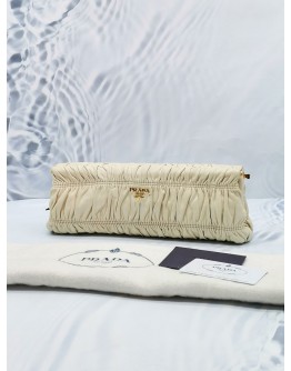 PRADA OFF WHITE GAUFRE LEATHER EAST-WEST FRAME CLUTCH