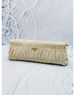 PRADA OFF WHITE GAUFRE LEATHER EAST-WEST FRAME CLUTCH