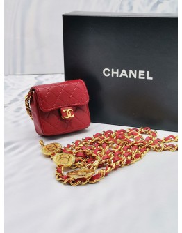 CHANEL MICRO CLASSIC FLAP BELT RED QUILTED LAMBSKIN LEATHER  GOLD CHAIN HARDWARE MINI BAG 