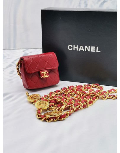 CHANEL MICRO CLASSIC FLAP BELT RED QUILTED LAMBSKIN LEATHER  GOLD CHAIN HARDWARE MINI BAG 