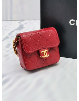 CHANEL MICRO CLASSIC FLAP BELT RED QUILTED LAMBSKIN LEATHER  GOLD CHAIN HARDWARE MINI BAG 