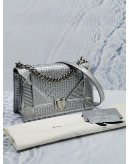 CHRISTIAN DIOR DIORAMA MEDIUM SILVER METALLIC CANNAGE LEATHER FLAP CHAIN CROSSBODY BAG