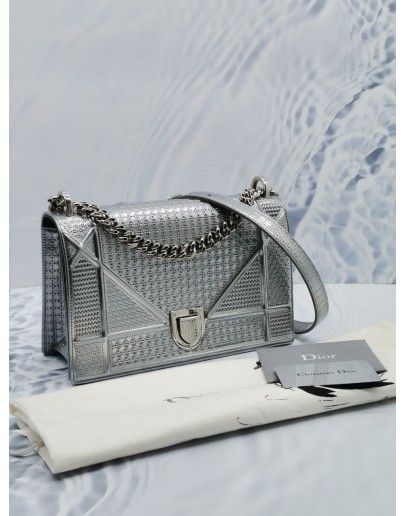 CHRISTIAN DIOR DIORAMA MEDIUM SILVER METALLIC CANNAGE LEATHER FLAP CHAIN CROSSBODY BAG