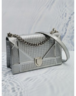 CHRISTIAN DIOR DIORAMA MEDIUM SILVER METALLIC CANNAGE LEATHER FLAP CHAIN CROSSBODY BAG