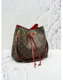 LOUIS VUITTON NEONOE MM BAG IN BROWN MONOGRAM CANVAS & RED COWHIDE LEATHER