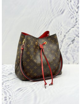 LOUIS VUITTON NEONOE MM BAG IN BROWN MONOGRAM CANVAS & RED COWHIDE LEATHER