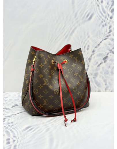 LOUIS VUITTON NEONOE MM BAG IN BROWN MONOGRAM CANVAS & RED COWHIDE LEATHER